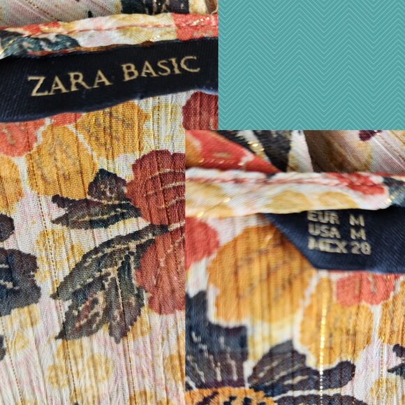 Zara Orange Floral Print Sheer Chiffon V-Neck Bell Sleeve Blouse - Picture 4 of 4